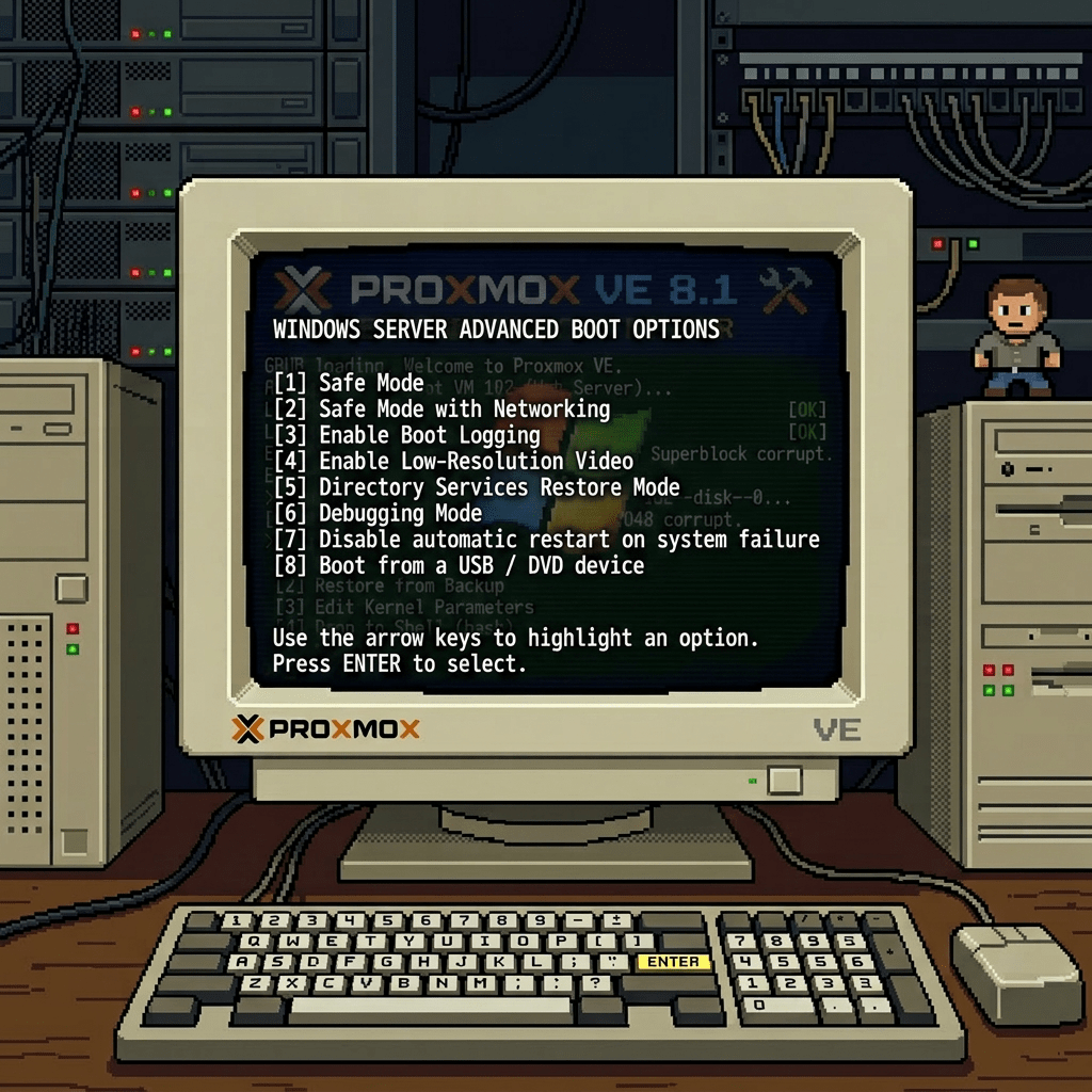 Retro computer monitor showing Proxmox VE 8.1 emergency boot repair message with filesystem error and repair options